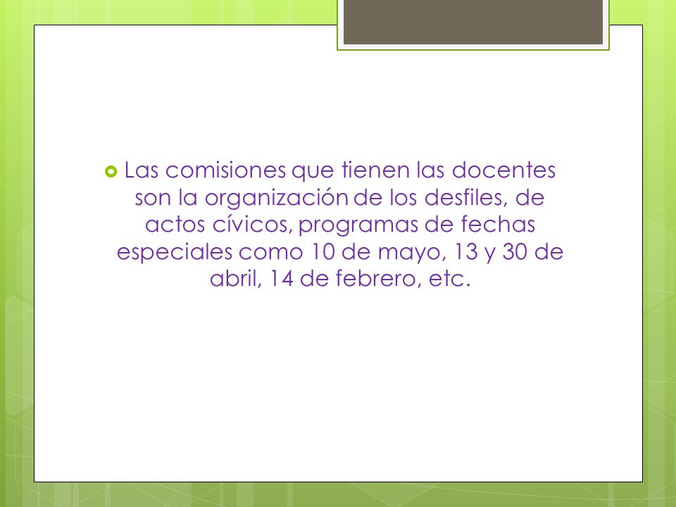 Las comisiones que tienen las docentes son la organización de los desfiles, de actos cívicos, programas de fechas especiales como 10 de mayo, 13 y 30 de abril, 14 de febrero, etc.