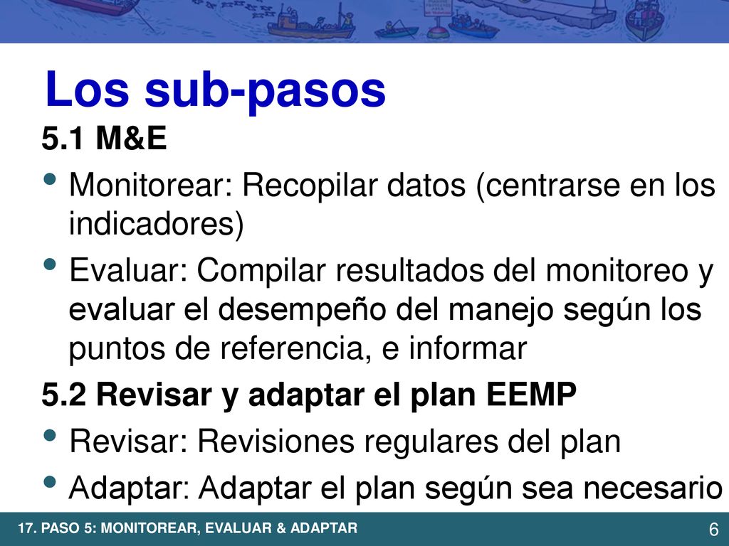 Los sub-pasos 5.1 M&E. Monitorear: Recopilar datos (centrarse en los indicadores)