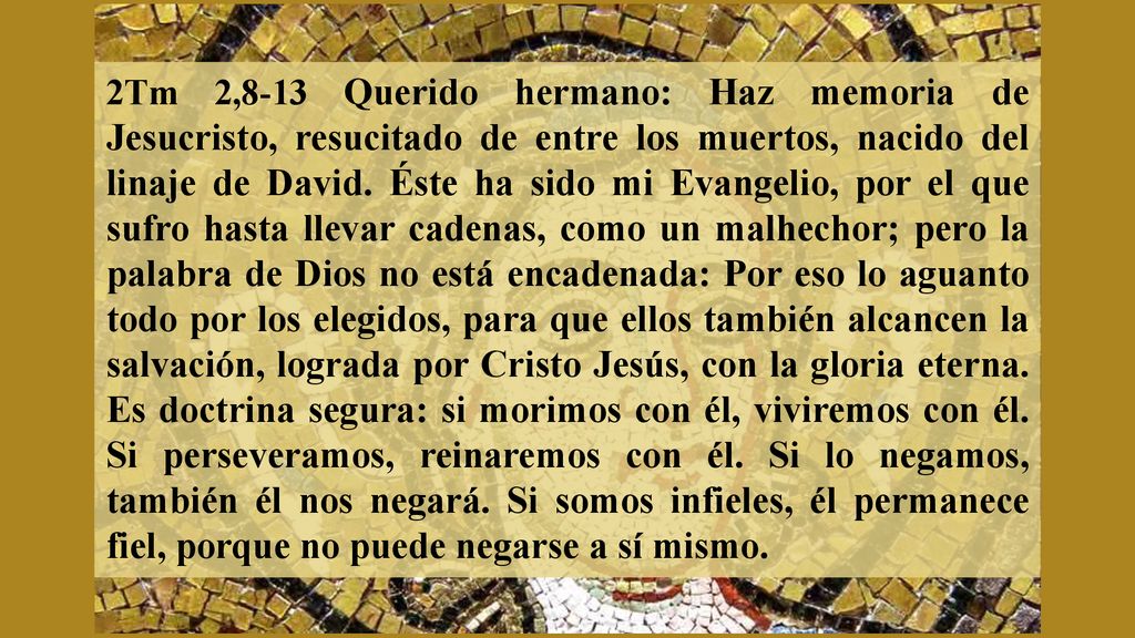2Tm 2,8-13 Querido hermano: Haz memoria de Jesucristo, resucitado de entre los muertos, nacido del linaje de David.