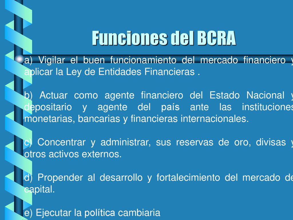 Funciones del BCRA a) Vigilar el buen funcionamiento del mercado financiero y aplicar la Ley de Entidades Financieras .
