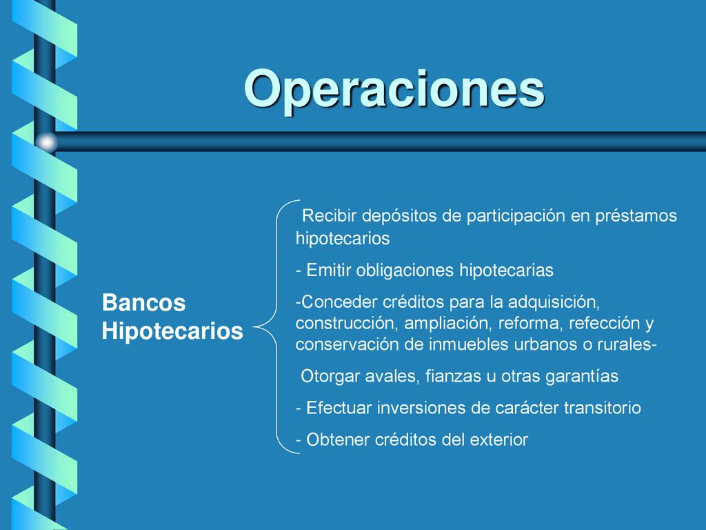 Operaciones Recibir depósitos de participación en préstamos hipotecarios. - Emitir obligaciones hipotecarias.