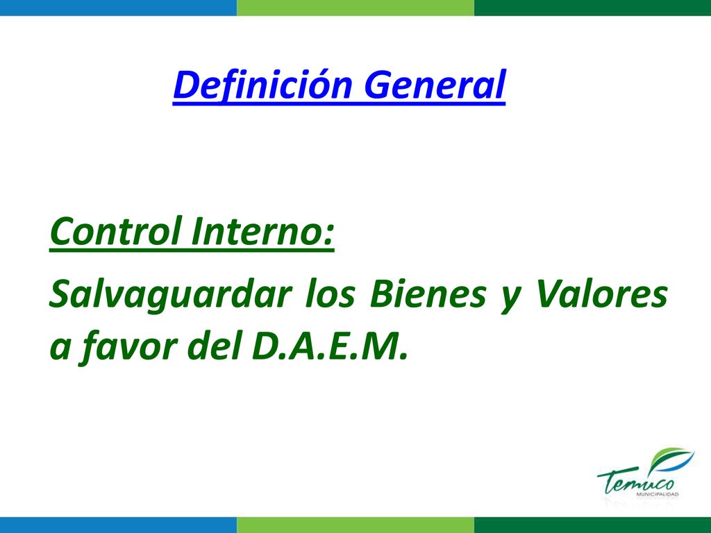 Definición General Control Interno: Salvaguardar los Bienes y Valores a favor del D.A.E.M.