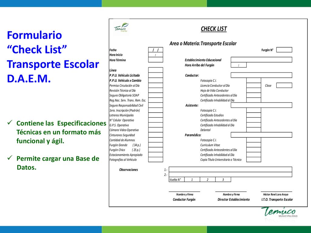 Formulario Check List Transporte Escolar D.A.E.M.