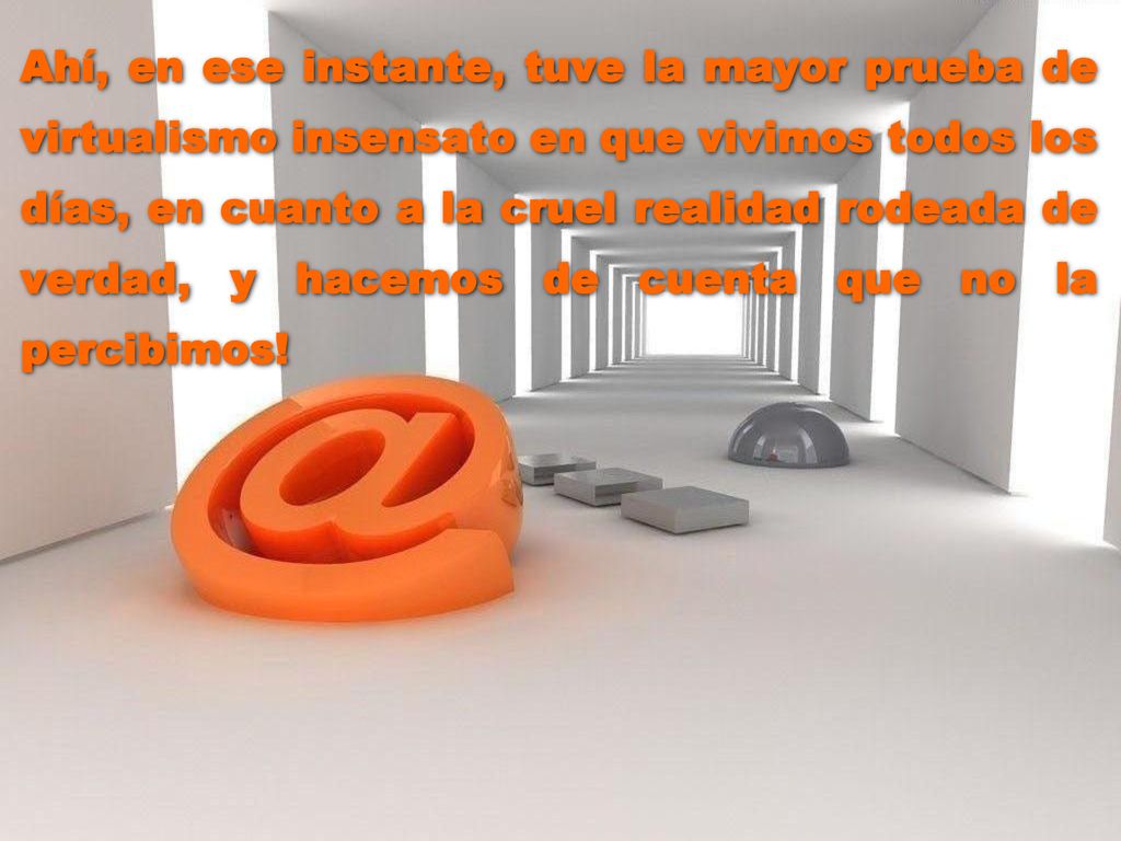 Ahí, en ese instante, tuve la mayor prueba de virtualismo insensato en que vivimos todos los días, en cuanto a la cruel realidad rodeada de verdad, y hacemos de cuenta que no la percibimos!