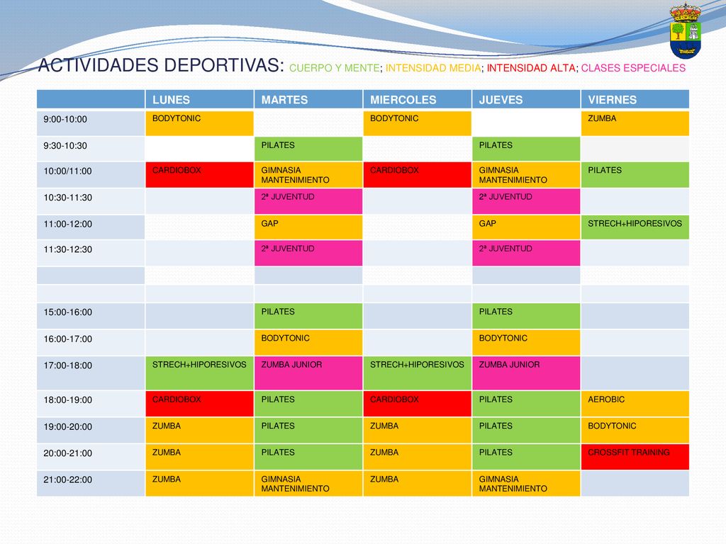 ACTIVIDADES DEPORTIVAS: CUERPO Y MENTE; INTENSIDAD MEDIA; INTENSIDAD ALTA; CLASES ESPECIALES