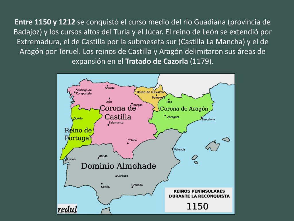 Entre 1150 y 1212 se conquistó el curso medio del río Guadiana (provincia de Badajoz) y los cursos altos del Turia y el Júcar.