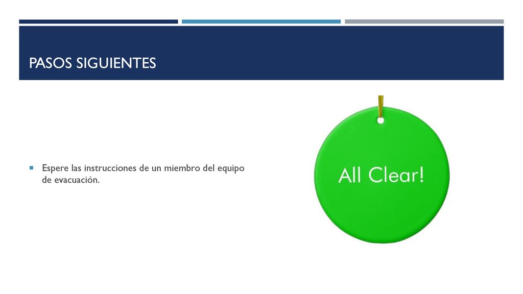 PASOS SIGUIENTES Espere las instrucciones de un miembro del equipo de evacuación.