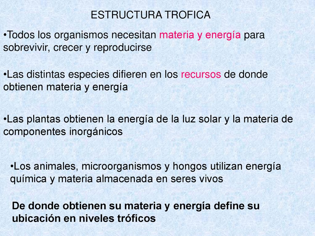 ESTRUCTURA TROFICA Todos los organismos necesitan materia y energía para sobrevivir, crecer y reproducirse.