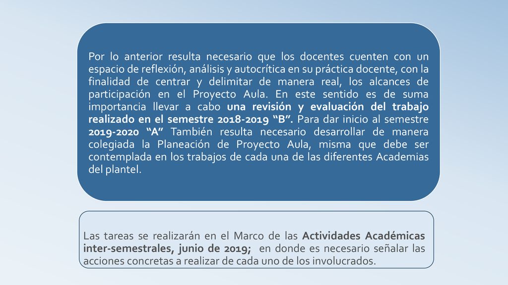 Por lo anterior resulta necesario que los docentes cuenten con un espacio de reflexión, análisis y autocrítica en su práctica docente, con la finalidad de centrar y delimitar de manera real, los alcances de participación en el Proyecto Aula. En este sentido es de suma importancia llevar a cabo una revisión y evaluación del trabajo realizado en el semestre B . Para dar inicio al semestre A También resulta necesario desarrollar de manera colegiada la Planeación de Proyecto Aula, misma que debe ser contemplada en los trabajos de cada una de las diferentes Academias del plantel.