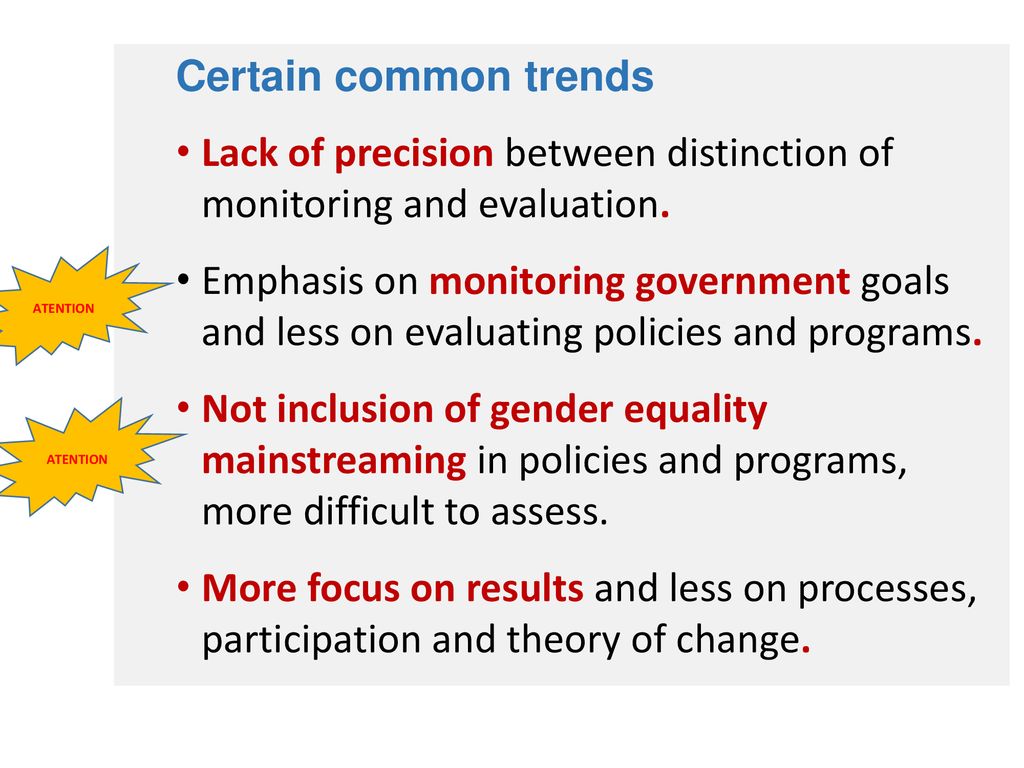 Lack of precision between distinction of monitoring and evaluation.