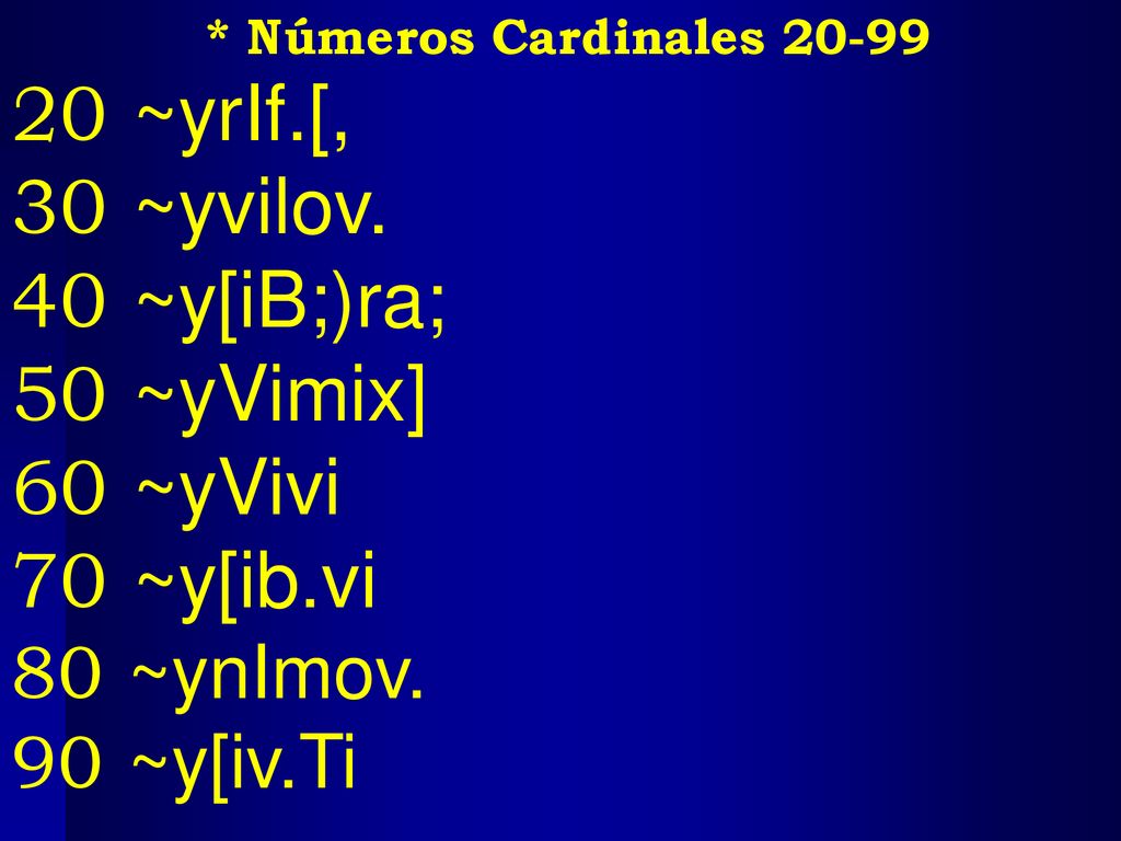 20 ~yrIf.[, 30 ~yvilov. 40 ~y[iB;)ra; 50 ~yVimix] 60 ~yVivi