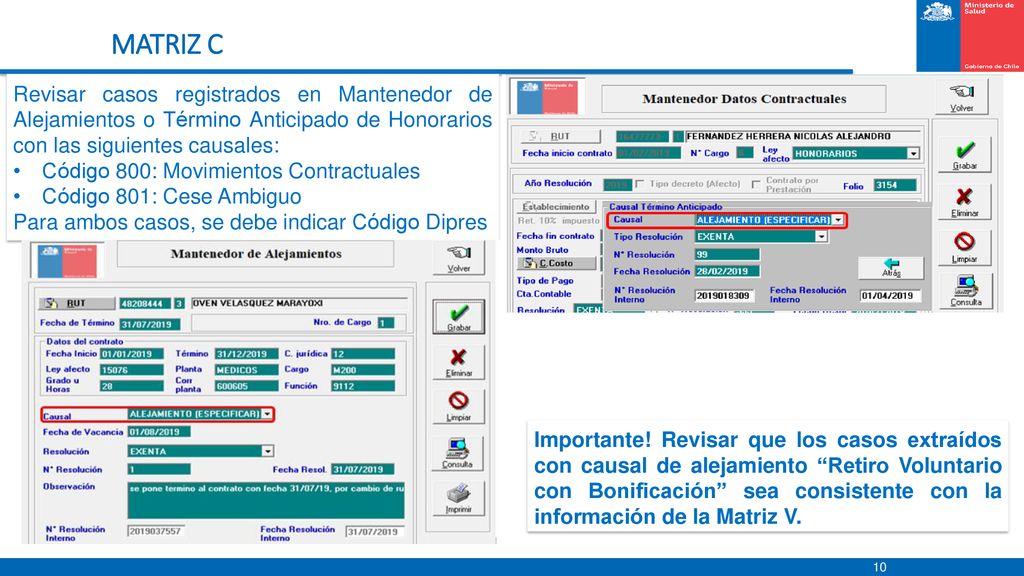 MATRIZ C Revisar casos registrados en Mantenedor de Alejamientos o Término Anticipado de Honorarios con las siguientes causales: