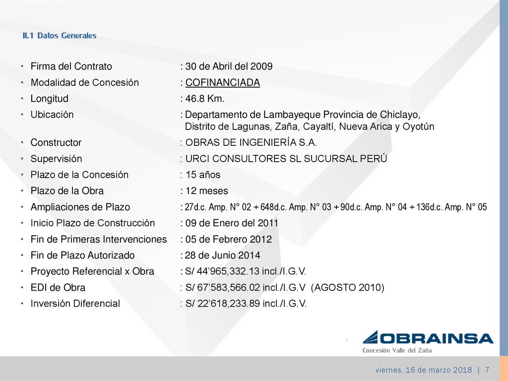 II.1 Datos Generales Firma del Contrato : 30 de Abril del 2009