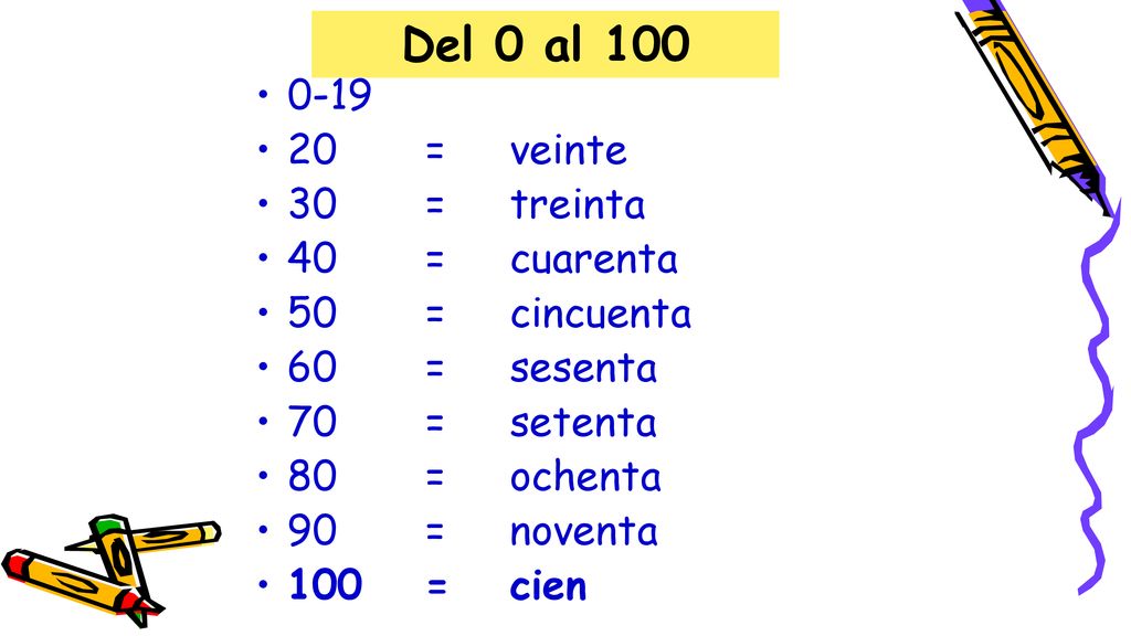 Del 0 al = veinte 30 = treinta 40 = cuarenta