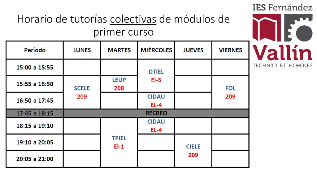 Horario de tutorías colectivas de módulos de primer curso