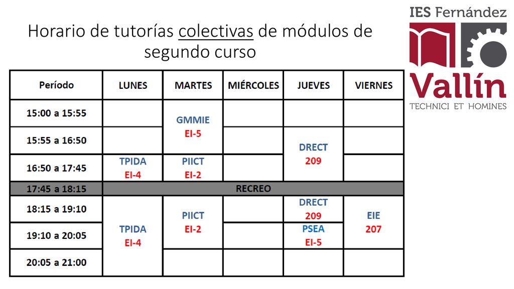 Horario de tutorías colectivas de módulos de segundo curso