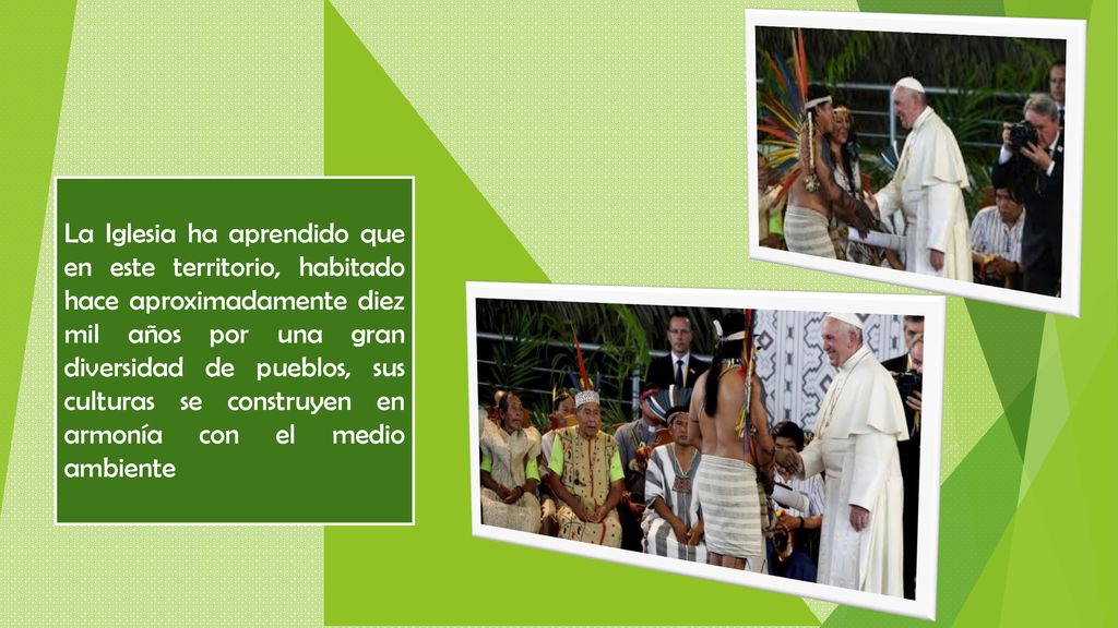 La Iglesia ha aprendido que en este territorio, habitado hace aproximadamente diez mil años por una gran diversidad de pueblos, sus culturas se construyen en armonía con el medio ambiente
