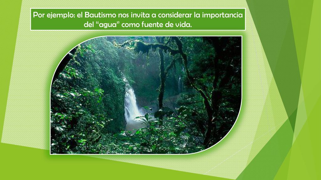 Por ejemplo: el Bautismo nos invita a considerar la importancia del agua como fuente de vida.