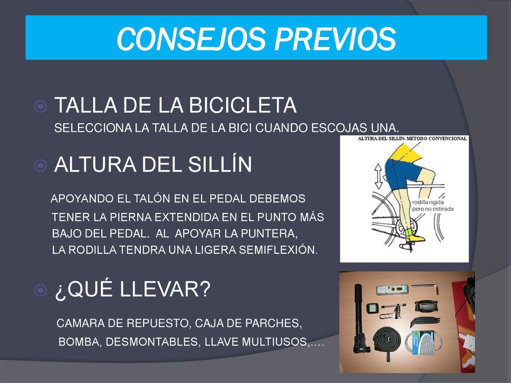CONSEJOS PREVIOS TALLA DE LA BICICLETA ALTURA DEL SILLÍN