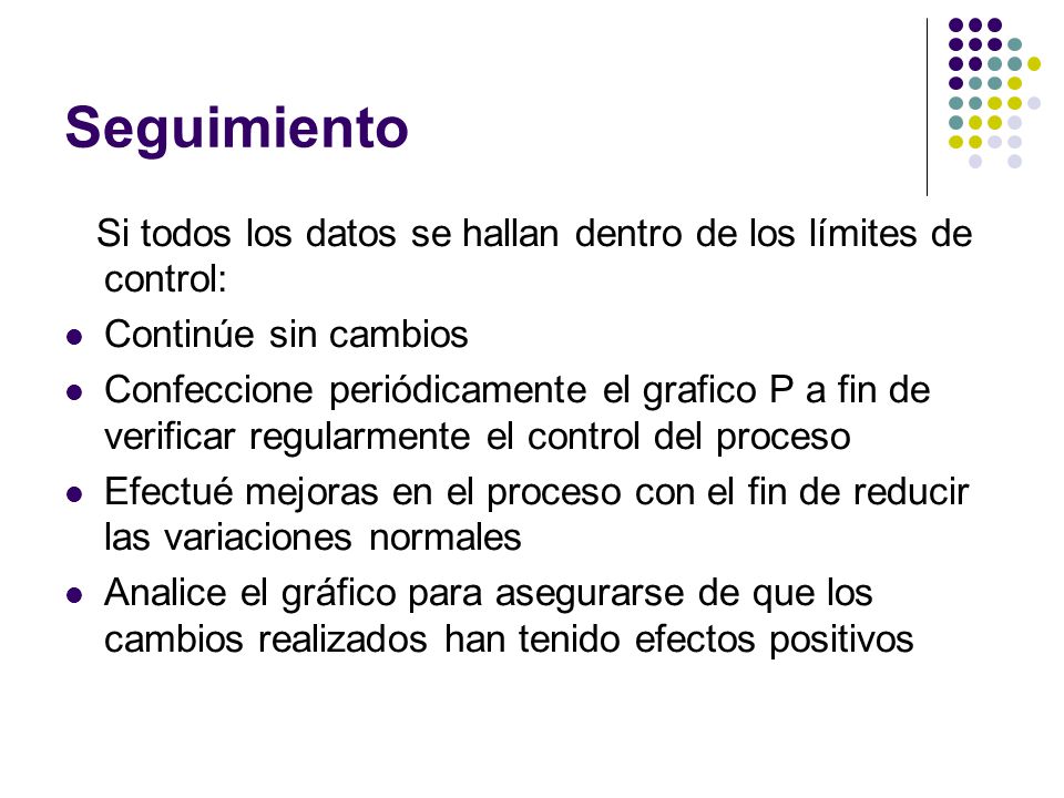 Seguimiento Si todos los datos se hallan dentro de los límites de control: Continúe sin cambios.