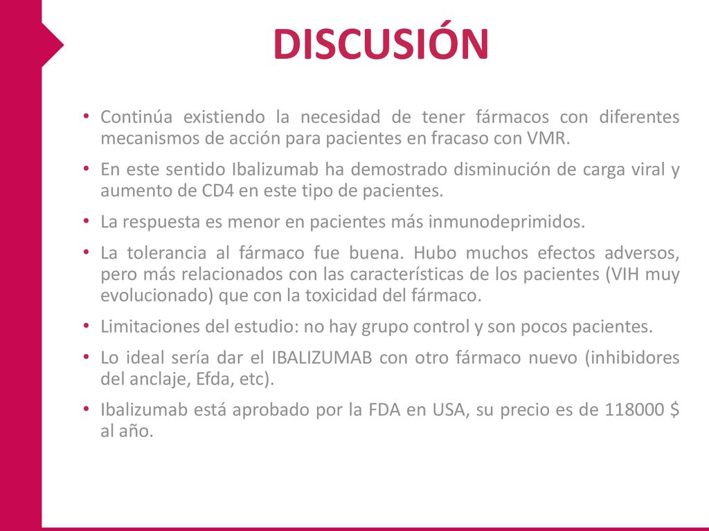 DISCUSIÓN Continúa existiendo la necesidad de tener fármacos con diferentes mecanismos de acción para pacientes en fracaso con VMR.