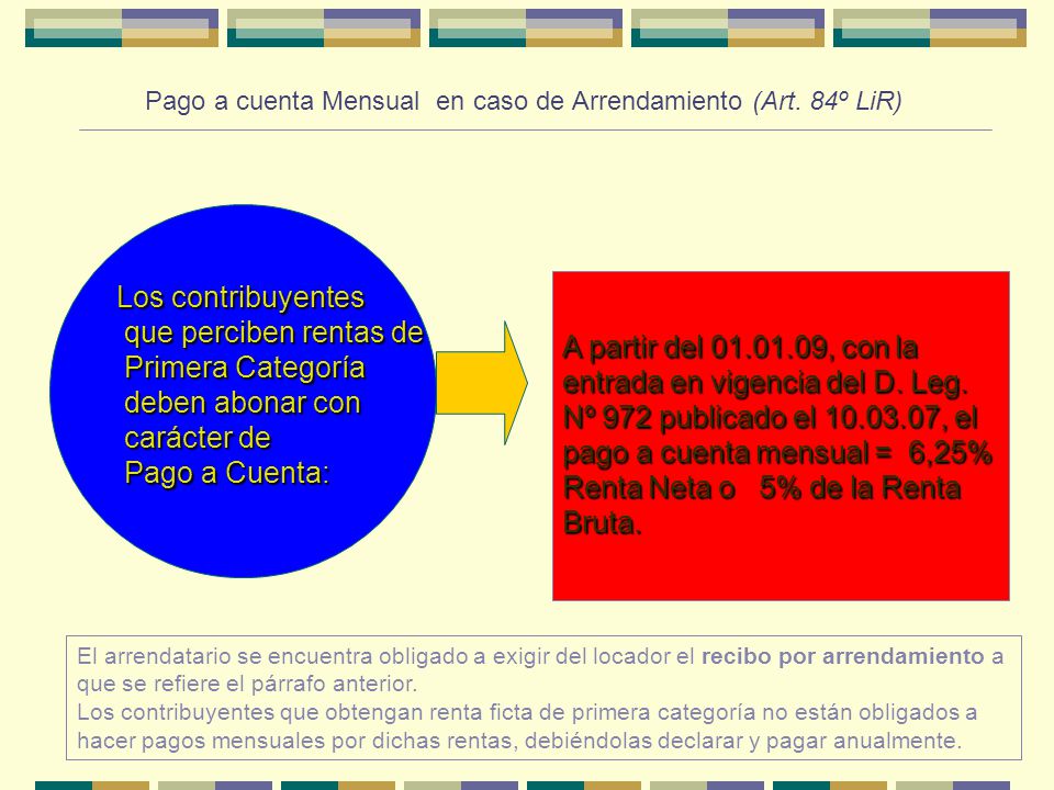 Pago a cuenta Mensual en caso de Arrendamiento (Art. 84º LiR)