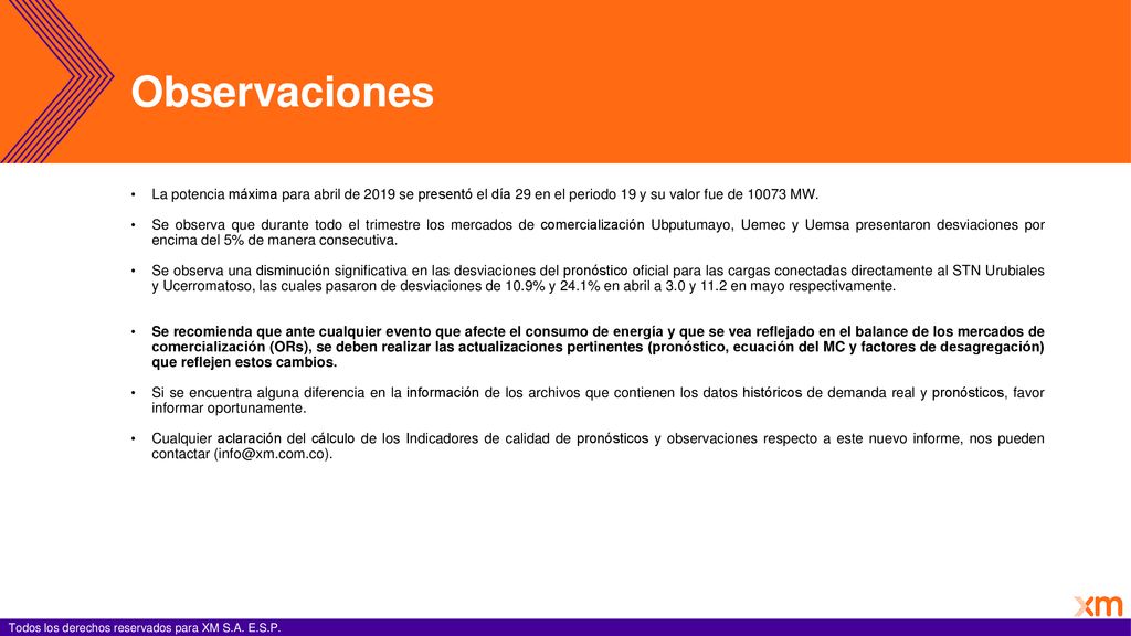 Observaciones La potencia máxima para abril de 2019 se presentó el día 29 en el periodo 19 y su valor fue de MW.