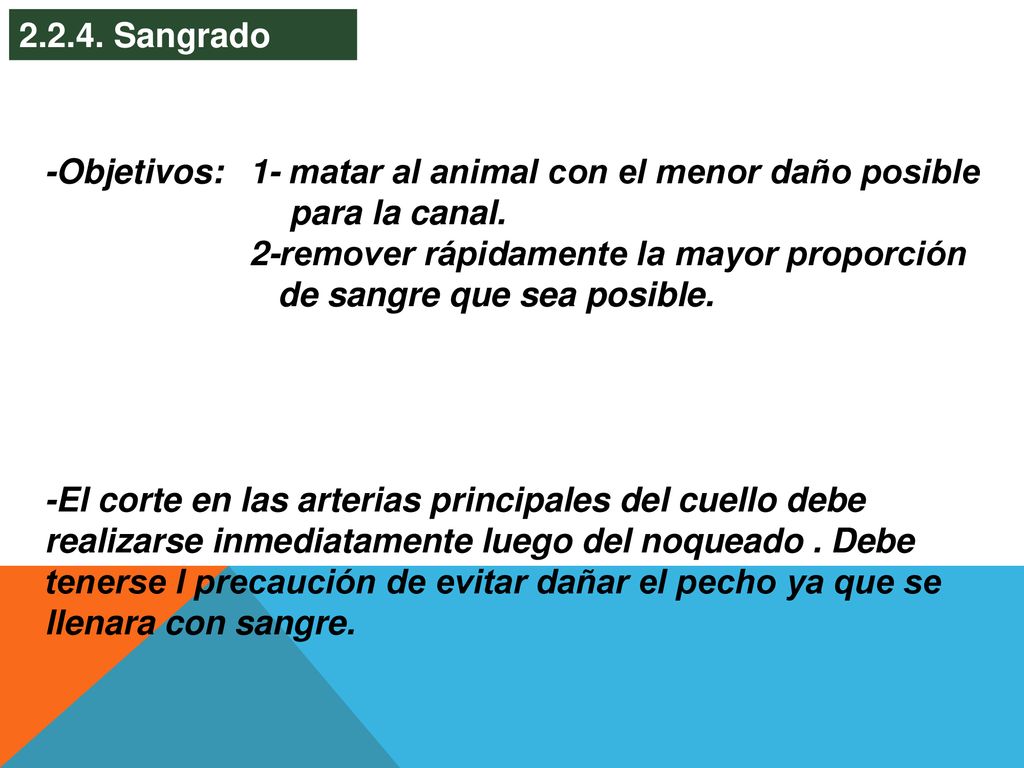 Sangrado -Objetivos: 1- matar al animal con el menor daño posible. para la canal.