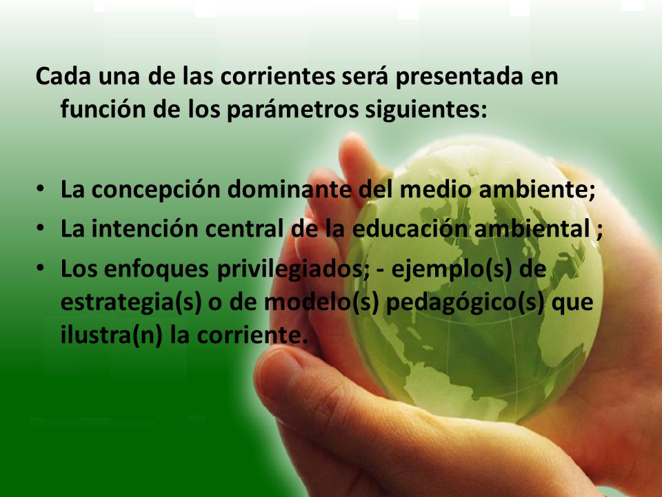 Cada una de las corrientes será presentada en función de los parámetros siguientes: