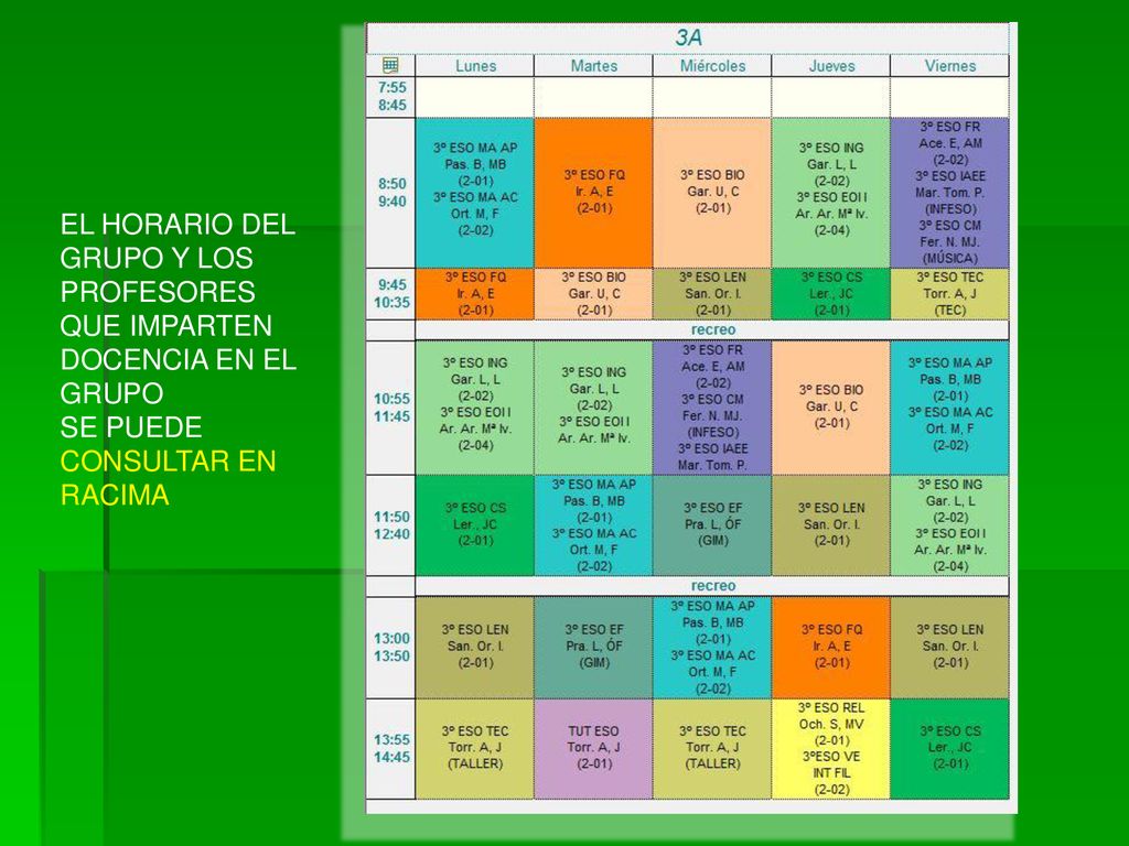 EL HORARIO DEL GRUPO Y LOS PROFESORES QUE IMPARTEN DOCENCIA EN EL GRUPO