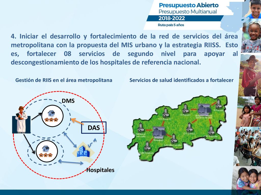 4. Iniciar el desarrollo y fortalecimiento de la red de servicios del área metropolitana con la propuesta del MIS urbano y la estrategia RIISS. Esto es, fortalecer 08 servicios de segundo nivel para apoyar al descongestionamiento de los hospitales de referencia nacional.