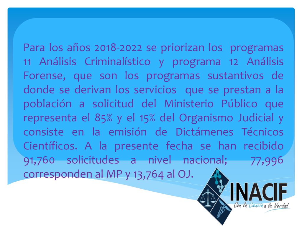 Para los años se priorizan los programas 11 Análisis Criminalístico y programa 12 Análisis Forense, que son los programas sustantivos de donde se derivan los servicios que se prestan a la población a solicitud del Ministerio Público que representa el 85% y el 15% del Organismo Judicial y consiste en la emisión de Dictámenes Técnicos Científicos.