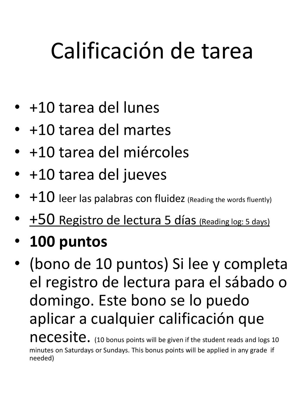 Calificación de tarea +10 tarea del lunes +10 tarea del martes