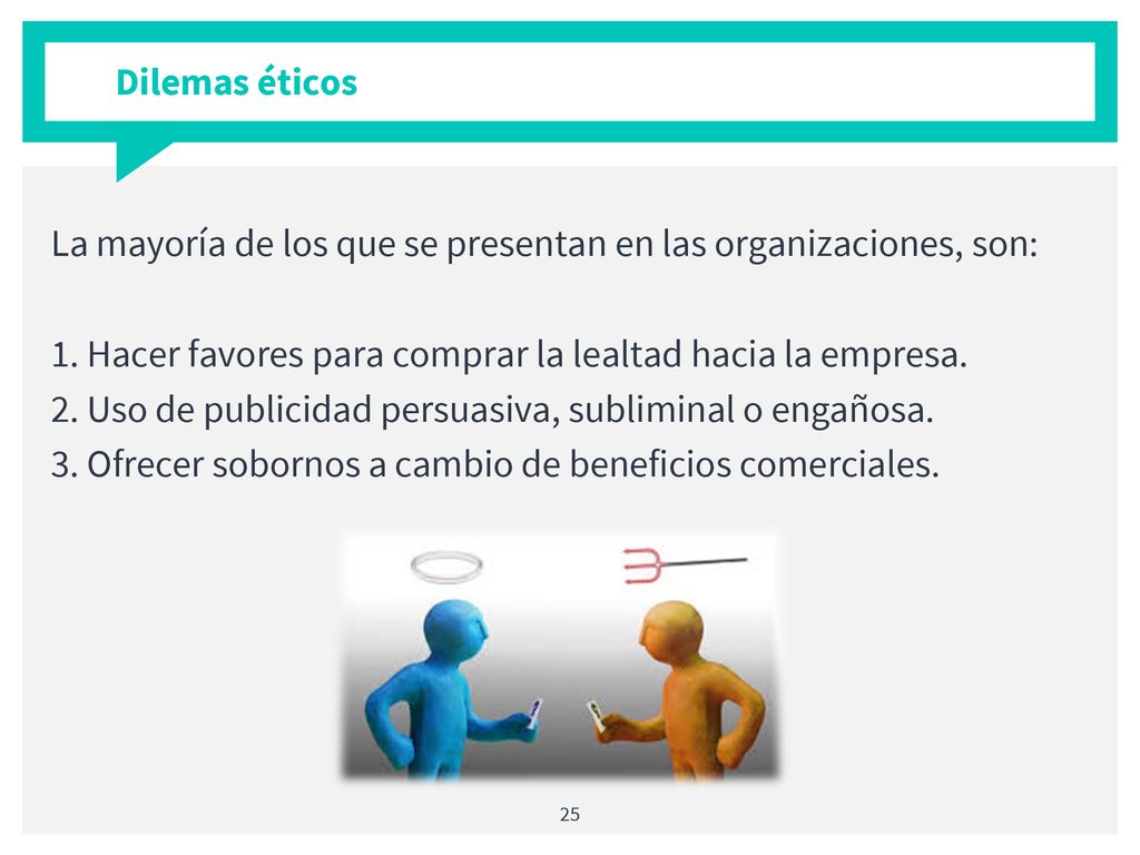 Dilemas éticos La mayoría de los que se presentan en las organizaciones, son: 1. Hacer favores para comprar la lealtad hacia la empresa.