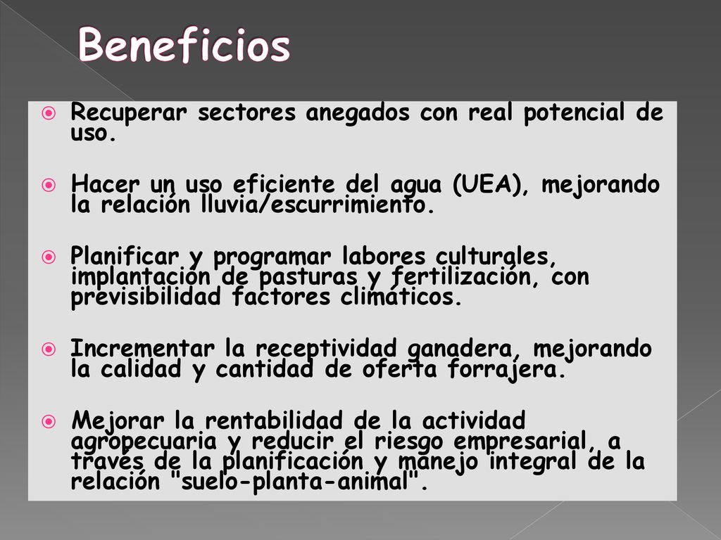 Beneficios Recuperar sectores anegados con real potencial de uso.