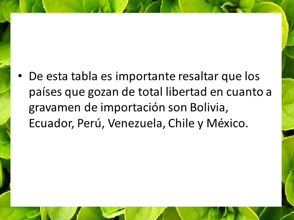 De esta tabla es importante resaltar que los países que gozan de total libertad en cuanto a gravamen de importación son Bolivia, Ecuador, Perú, Venezuela, Chile y México.
