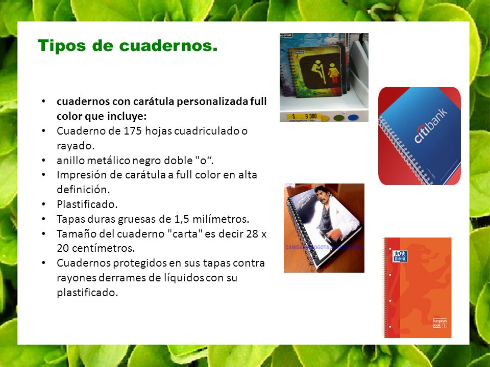 Tipos de cuadernos. cuadernos con carátula personalizada full color que incluye: Cuaderno de 175 hojas cuadriculado o rayado.