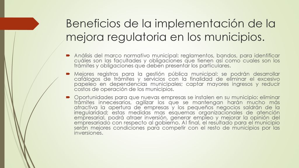 Beneficios de la implementación de la mejora regulatoria en los municipios.