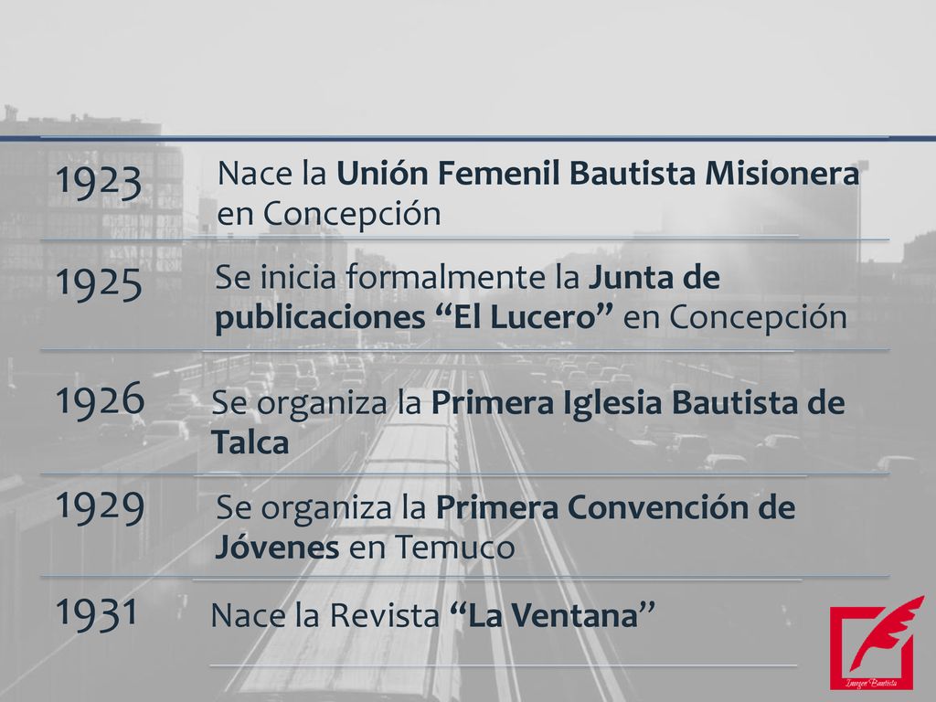 1923 Nace la Unión Femenil Bautista Misionera en Concepción Se inicia formalmente la Junta de publicaciones El Lucero en Concepción.