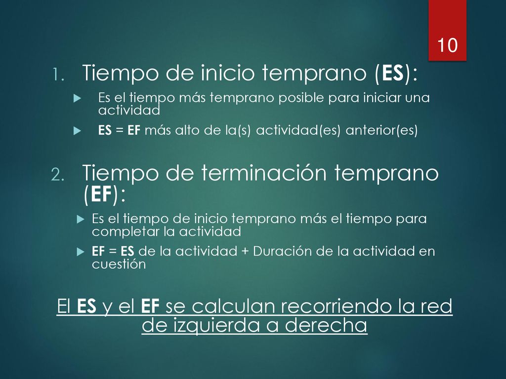 El ES y el EF se calculan recorriendo la red de izquierda a derecha
