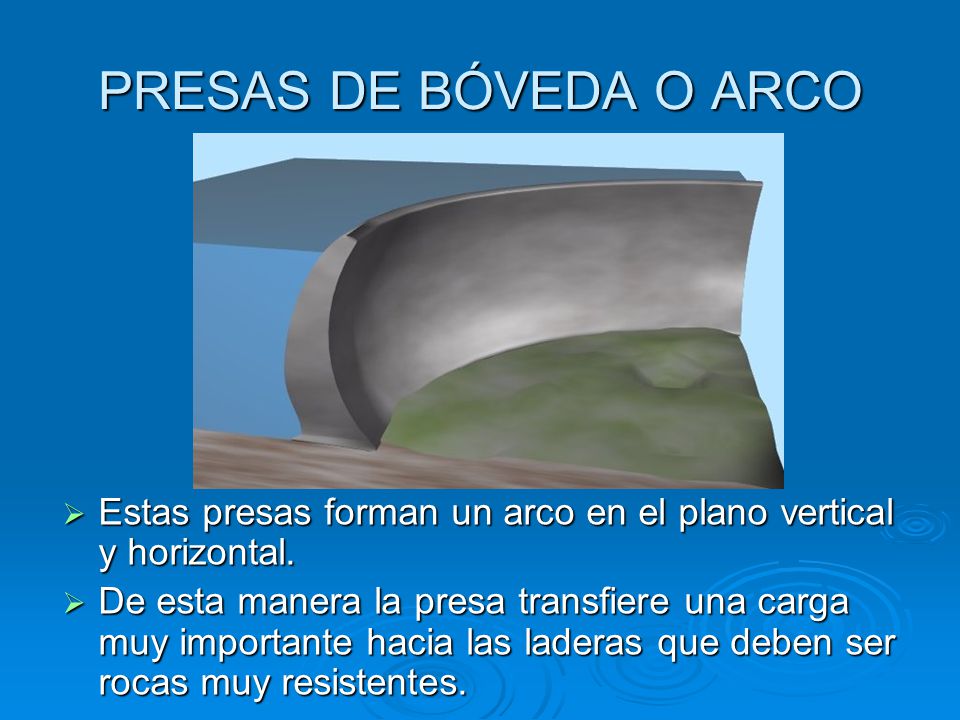 PRESAS DE BÓVEDA O ARCO Estas presas forman un arco en el plano vertical y horizontal.