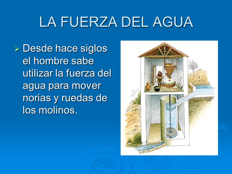 LA FUERZA DEL AGUA Desde hace siglos el hombre sabe utilizar la fuerza del agua para mover norias y ruedas de los molinos.