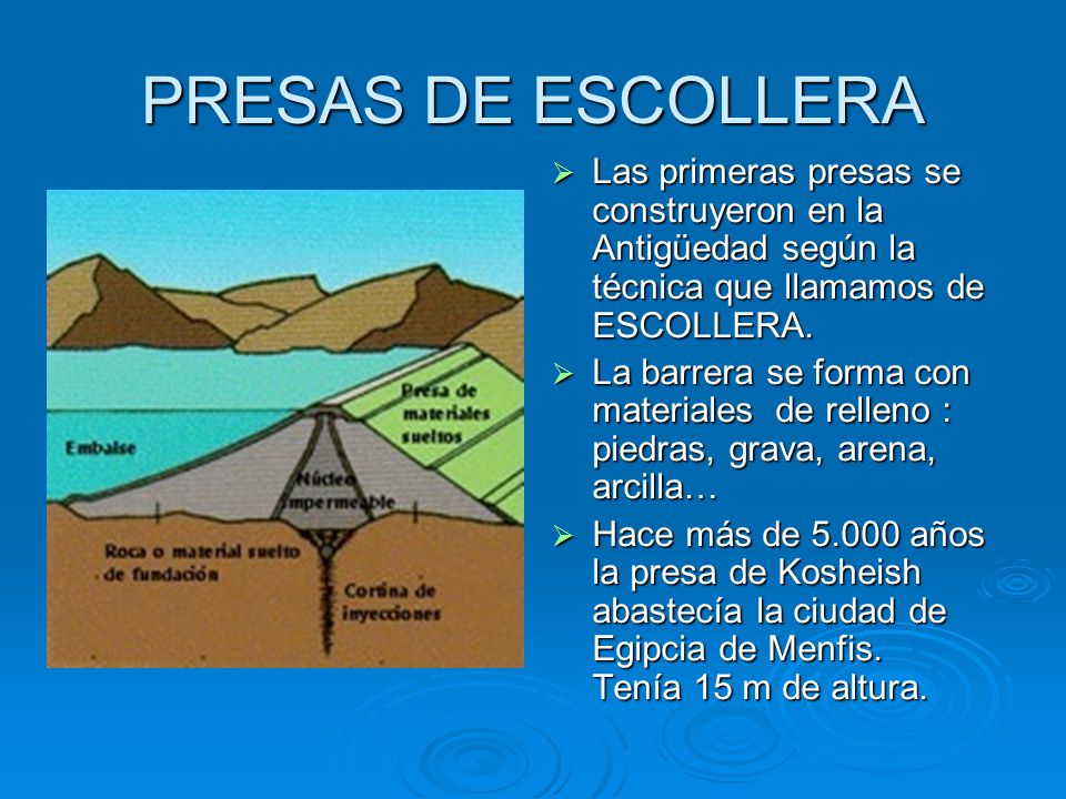 PRESAS DE ESCOLLERA Las primeras presas se construyeron en la Antigüedad según la técnica que llamamos de ESCOLLERA.