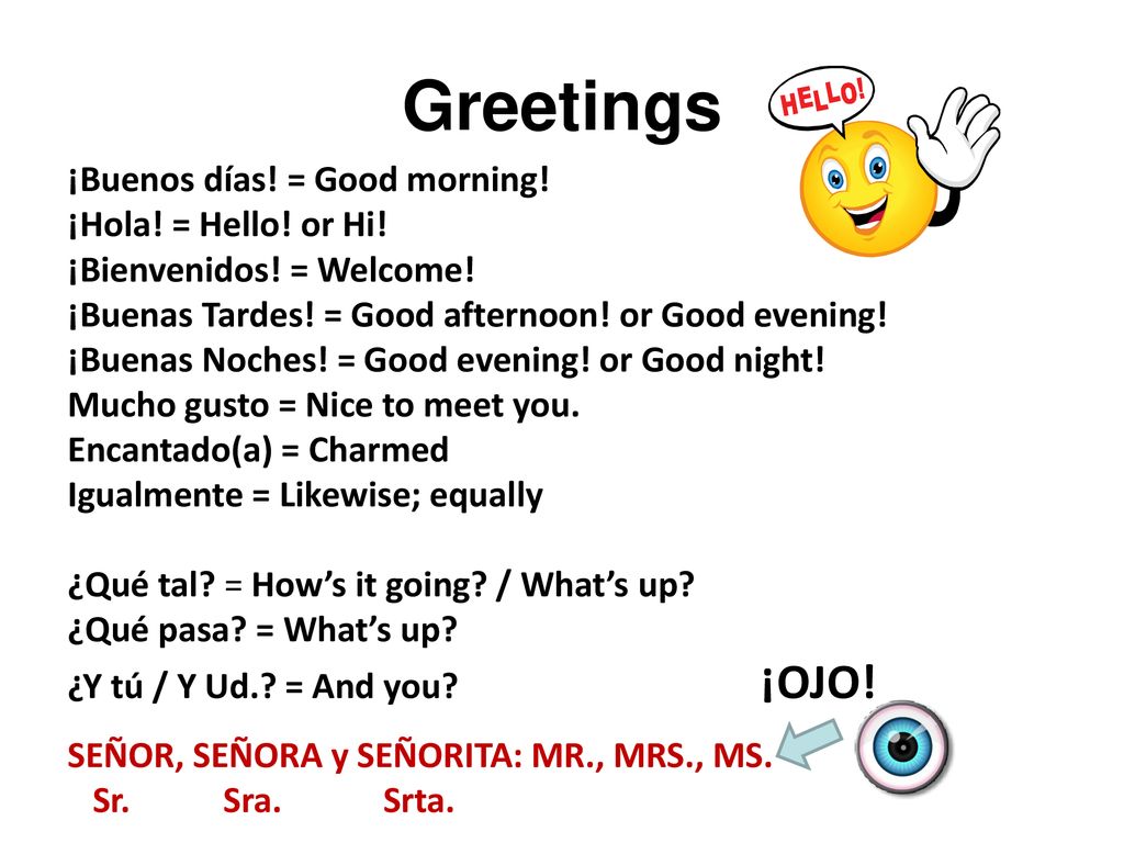 Greetings ¡Buenos días! = Good morning! ¡Hola! = Hello! or Hi!