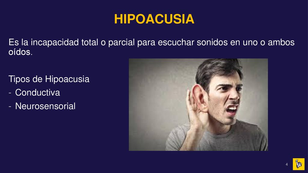 HIPOACUSIA Es la incapacidad total o parcial para escuchar sonidos en uno o ambos oídos. Tipos de Hipoacusia.