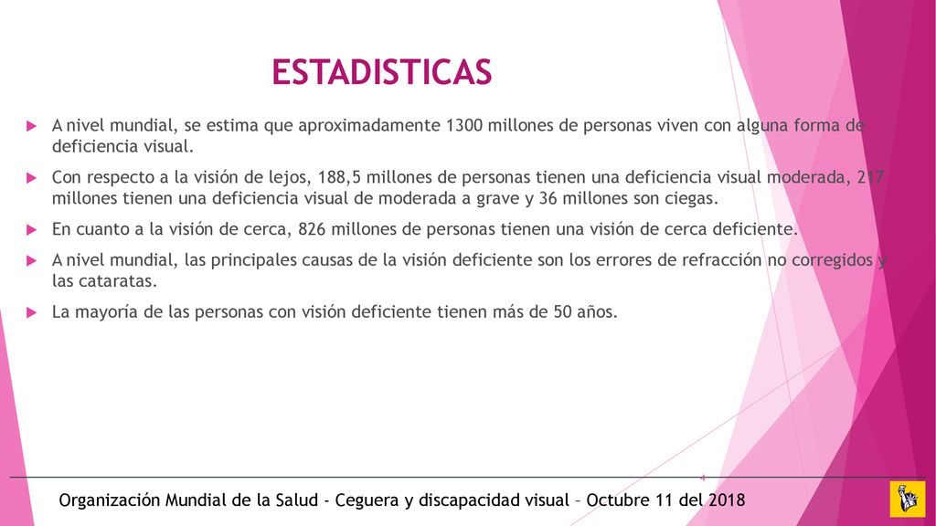ESTADISTICAS A nivel mundial, se estima que aproximadamente 1300 millones de personas viven con alguna forma de deficiencia visual.