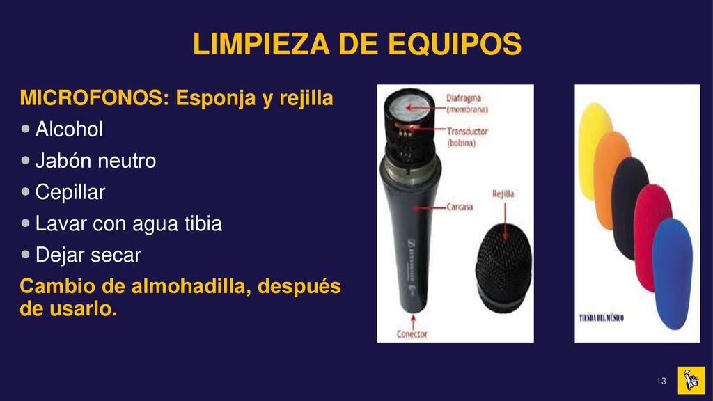 LIMPIEZA DE EQUIPOS MICROFONOS: Esponja y rejilla Alcohol Jabón neutro
