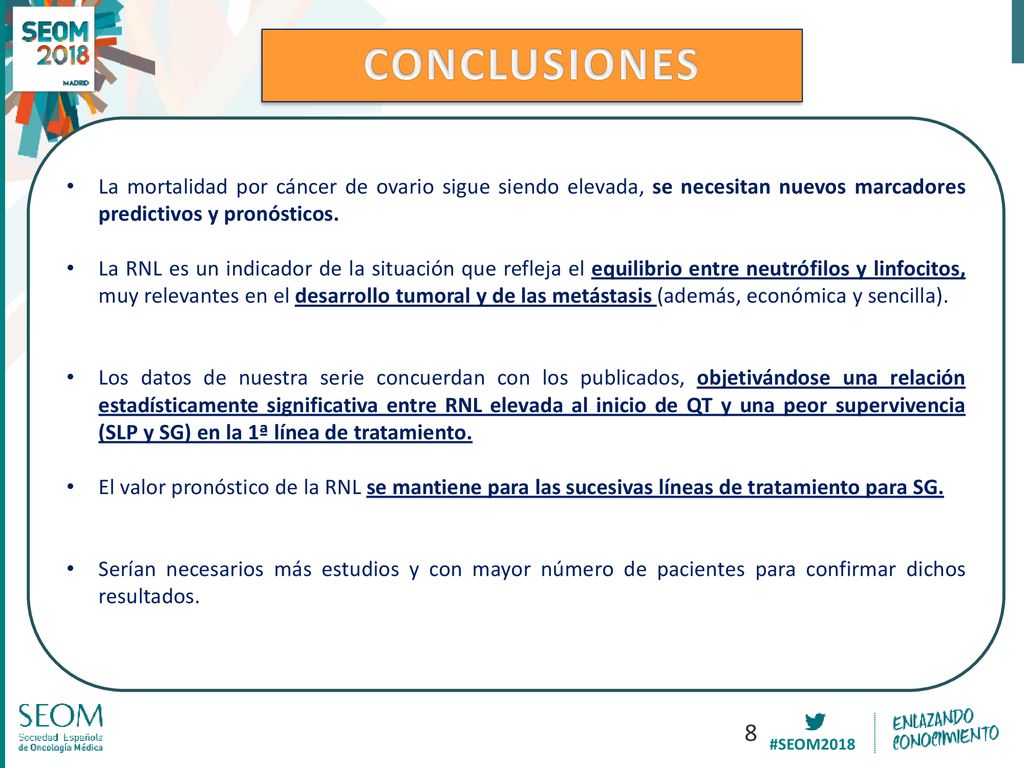 CONCLUSIONES La mortalidad por cáncer de ovario sigue siendo elevada, se necesitan nuevos marcadores predictivos y pronósticos.