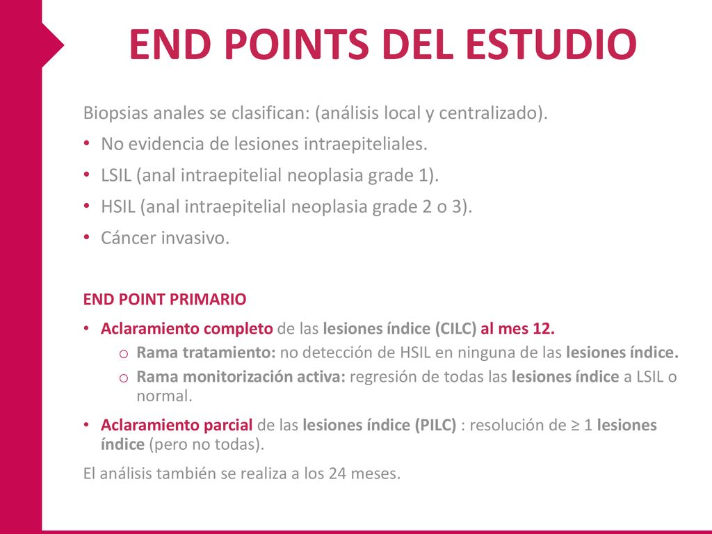 END POINTS DEL ESTUDIO Biopsias anales se clasifican: (análisis local y centralizado). No evidencia de lesiones intraepiteliales.
