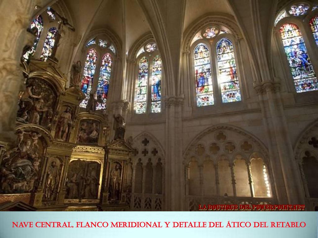 Nave central, flanco meridional y detalle del ático del retablo
